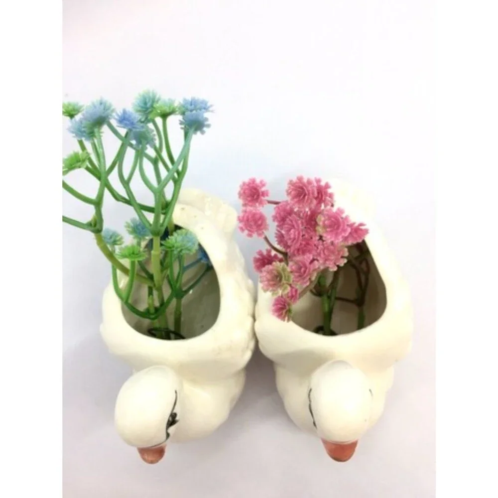 VINTAGE SWAN PLANTERS White Ceramic Pair Made In Japan MCM Bird Figurines
